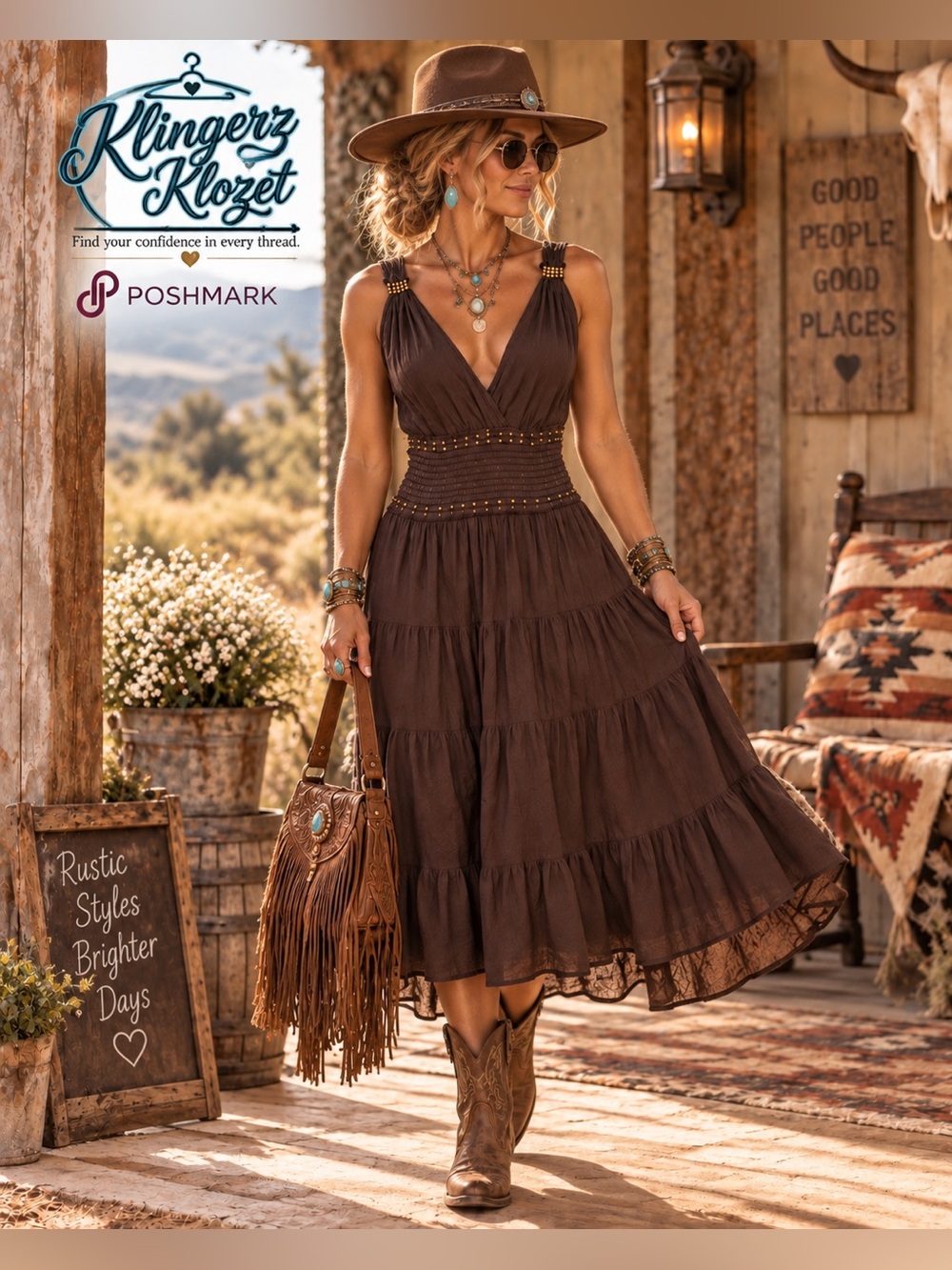 Cassees Brown Cotton Beaded Boho Midi Dress Size M Western Festival